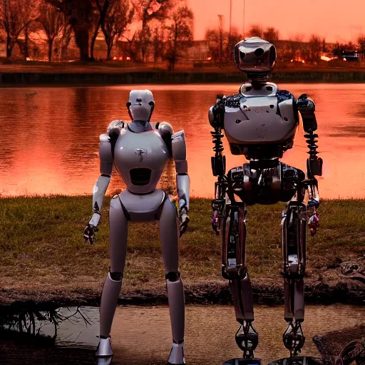Prompt: Beautiful cinematic scene of a couple of two damaged and broken humanoid robots standing near a river, at night, peaceful, science fiction, cinematic lighting, insanely detailed, directed by Denis Villeneuve and Wes Anderson, filmic