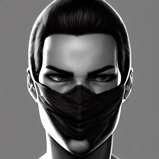 Image similar to man wearing black fabric mask, highly detailed face, character art portrait, deviantart artstation, by artgerm