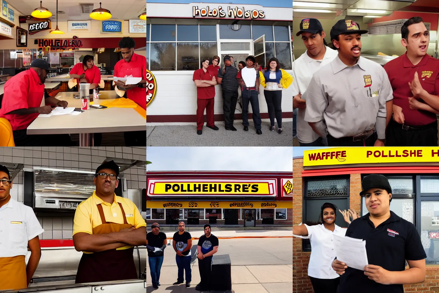 Prompt: former Wafflehouse employees applying for a job at \'Los Pollos Hermanos\'