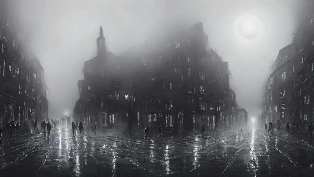 Image similar to a black hole with glowing edges over old town with houses in the windows of which the light is on and a crowd of people on street. early morning, fog on ground, wet street. mike barr painting. volumetric light, dull colors, dark, noir arthouse, 3 5 mm, hight detalied, hd, 4 k