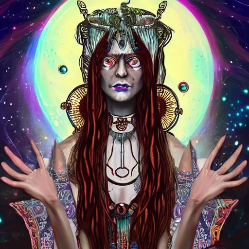 Image similar to a traditional sacred priestess coming back to life in the modern world, haloed, cosmic horror style