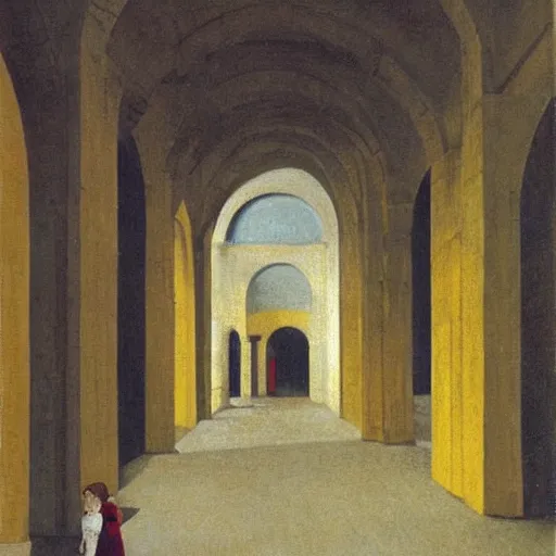 Image similar to in the distance, a little girl with short black hair and wearing a yellow coat alone in the inner courtyard of a cloister in an abbey, the light is bright and wintry, painting by hopper and de chirico