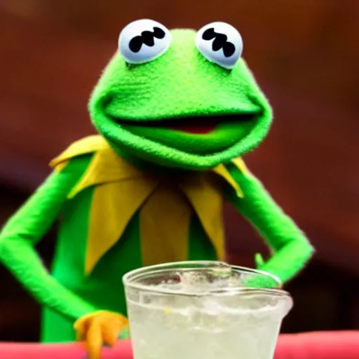 Image similar to kermit the frog drinking a soda