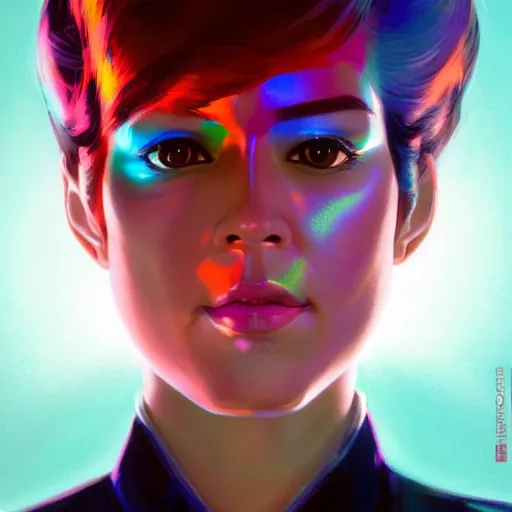 Prompt: smirking hologram woman with cute - fine - face, pretty face, oil slick hair, realistic shaded perfect face, extremely fine details, by realistic shaded lighting, dynamic background, poster by ilya kuvshinov katsuhiro otomo, magali villeneuve, artgerm, jeremy lipkin and michael garmash and rob rey, pascal blanche, kan liu