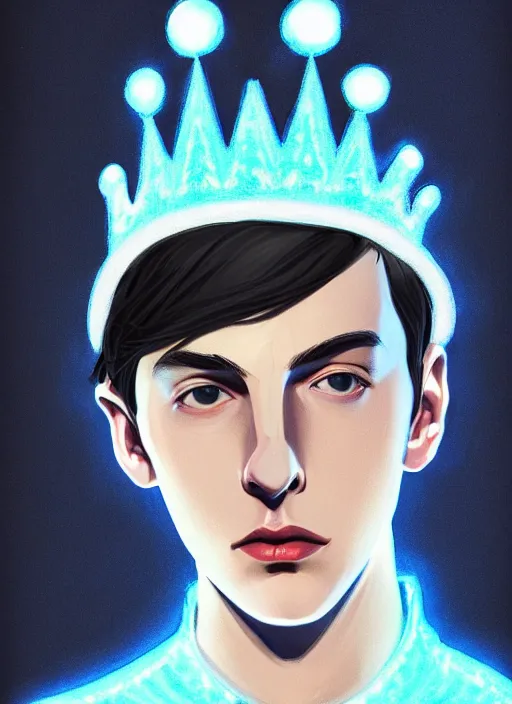 Image similar to portrait of teenage jughead jones wearing a light grey crown, crown, blue turtleneck, 1 9 5 0 s, closed eyes, photorealistic, black hair, glowing lighting, intricate, elegant, glowing lights, highly detailed, digital painting, artstation, concept art, smooth, sharp focus, illustration, art by wlop, mars ravelo and greg rutkowski