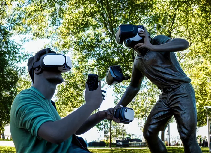 Prompt: photo still of a bronze statue of a man gaming in vr in a park on a bright sunny day, 8 k 8 5 mm f 1 6