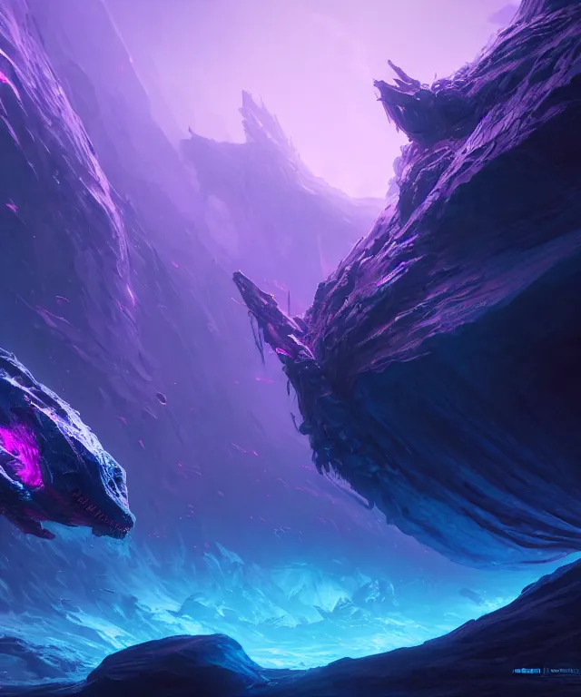 Image similar to charybdis, ultra wide angle, epic scale, fantasy, elegant, crisp 8 k line art, digital painting, artstation, unreal engine, octane render, emissive lighting, concept art, matte, sharp focus, hyper realistic lighting, illustration, deep royal blue and pink color scheme, art by dave kendall