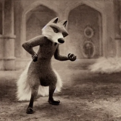 Image similar to anthropomorphic fox man fights in front of a castle, 1910s film scene