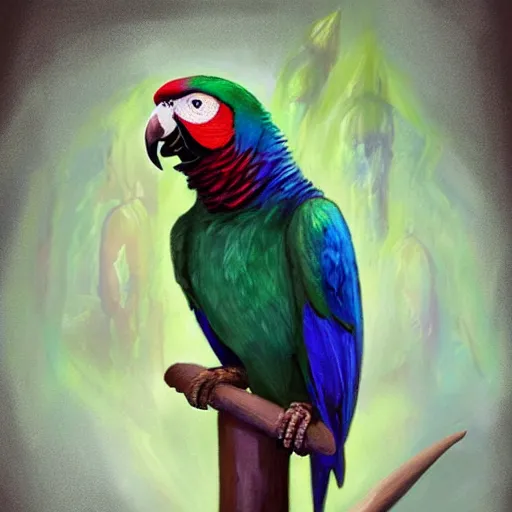 Image similar to Magic the gathering artwork of Anthropomorphized parrot trader in his shop, shelves full, selling a gem, portrait, items, magic potions, carpet, window, fancy funny hat, sly expression , cunning expression, cute expression, presenting magic gem, D&D, fantasy, cinematic lighting, highly detailed, digital painting, artstation, concept art, smooth, sharp focus, illustration, warm light, cozy warm tint, magic the gathering artwork, volumetric lighting, 8k, no gold, no gold colours, art by Akihiko Yoshida and Greg Rutkowski