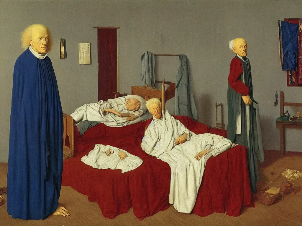 Prompt: Portrait of albino mystic with blue eyes, standing near the bed of a very old man with leprosy. Painting by Jan van Eyck, Audubon, Rene Magritte, Agnes Pelton, Max Ernst, Walton Ford