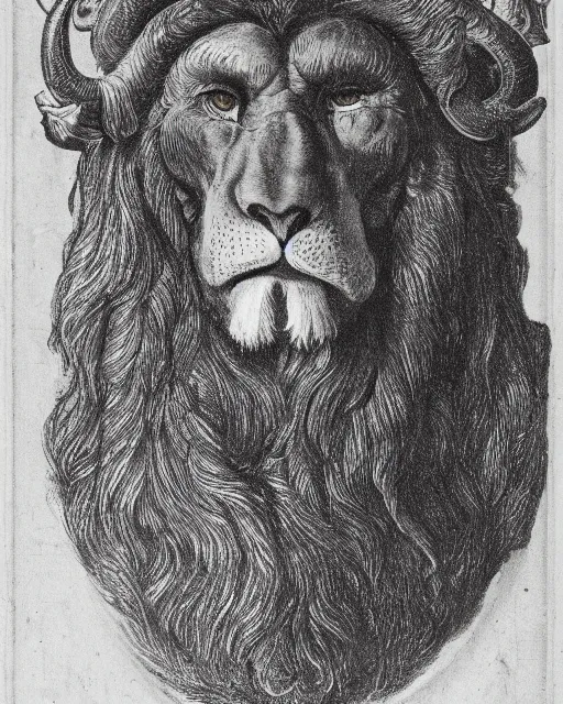 Image similar to a creature with the body and eyes of a man, with the beak of an eagle, the mane of a lion, and the horns of an ox. drawn by francis bacon