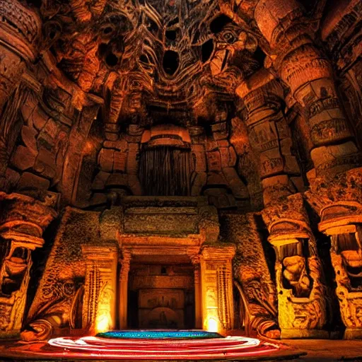 Prompt: photo, inside a massive huge cavernous ancient alien african indian stone overgrown temple with intricate detailed beautiful carvings, a giant huge massive statue of a ancient alien king sitting in a pool of moonlight, low fog and haze, colorful glowing neon tubes, long strips of shiny reflective aluminum, glowing orbs