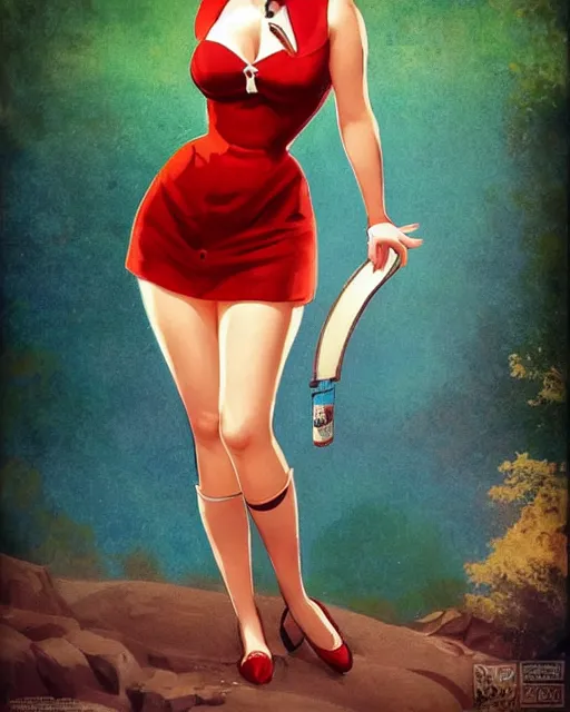 Image similar to Pop idol full body pin up modeling in pop-idol unioform, with a park in the back ground, post war style, detailed face, american postcard art style, by Krenz Cushart and Randolph Stanley Hewton and Charlie Bowater