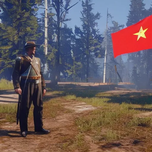 Image similar to Alexander Lukashenko with the belarussian flag in the background in Red Dead Redemption 2