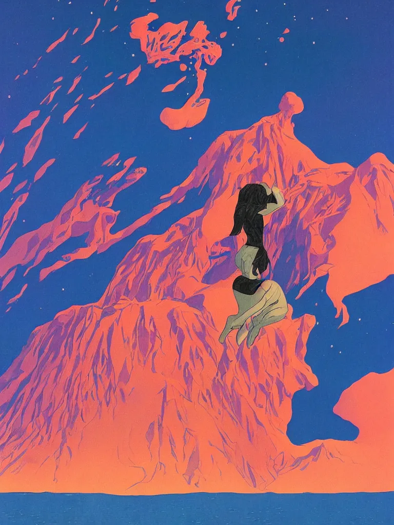 Prompt: a closeup portrait of antigravity, a young siberian woman dreaming psychedelic hallucinations in the vast icy landscape of antarctica, volcano lava drips in antigravity by kawase hasui, moebius and edward hopper, colorful flat surreal design, hd, 8 k, artstation