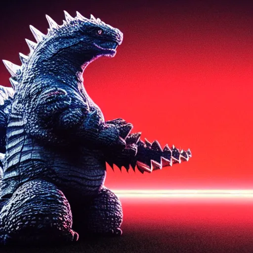 Prompt: a cute render of godzilla sitting on an endless red carpet under a spotlight, emptiness, darkness