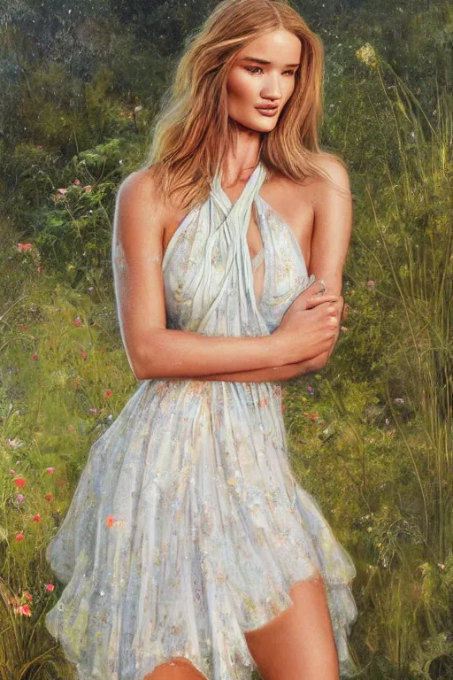 Prompt: Rosie Huntington-Whiteley,big watery eyed, looking at the viewer, sundown misty firefly wisps,double split halter open thigh leaf dress; in the style of Lilia Alvarado, Sophie Anderson, Mark Arian, Bob Byerley, Charlie Bowater, Mark Brooks, Steve Henderson, Justin Gerard, Arthur Hughes, Edward Robert Hughes, Mark Keathley, Victor Nizovtsev, Carlos Shwabe, Ross Tran, WLOP