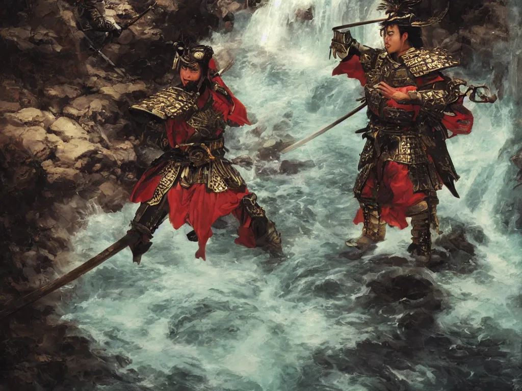 Image similar to close up of a samurai in dragon armor, under a waterfall at night, by huang guangjian and gil elvgren, sachin teng, greg manchess