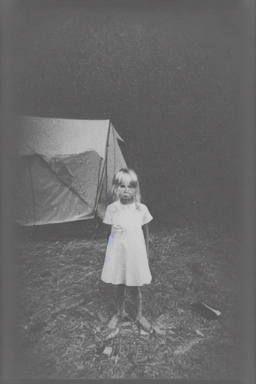 Image similar to photo polaroid of a sad and lonely child stands in the middle many big tents of field hospitals, pandemic, covid,loneliness, black and white ,photorealistic, 35mm film,