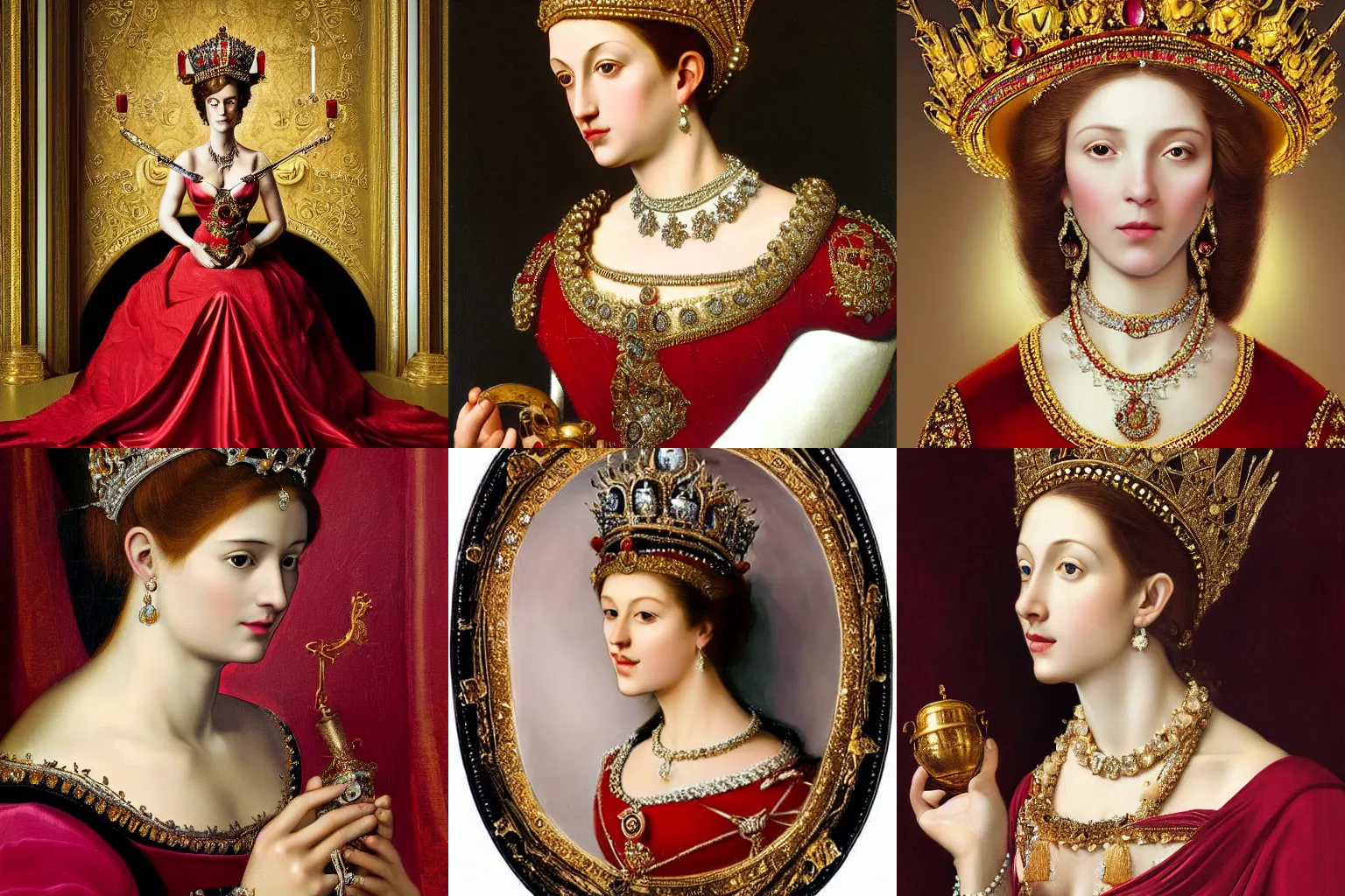 Image similar to A extremely highly detailed majestic hi-res beautiful head and shoulders painting of a beautiful woman wearing a long royal red silk dress, the crown jewels is on her head and she is holding a golden goblet and around her neck is a ornate golden necklace decorated with diamonds and rupees by Michelangelo Merisi da Caravaggio, high detail, hyperrealistic, photorealistic, octante render, cinematic, high textures, royaltly, royal, hyper sharp, 4k insanely detailed and intricate, hypermaximalist, 8k, hyper realistic, super detailed, 4k HDR hyper realistic high,