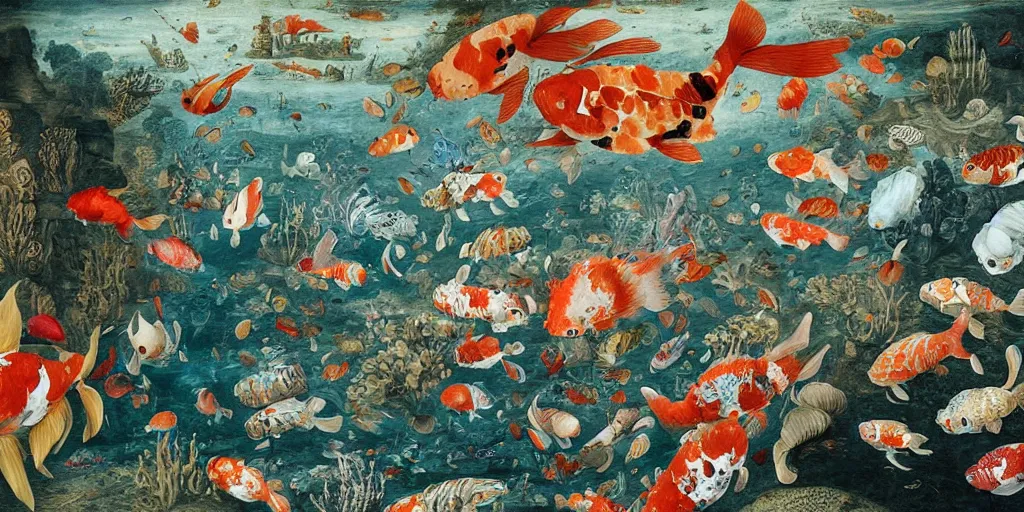 Prompt: Underwater, An ancient city in the deep sea, giant koi fish, by james jean, by Peter Paul Rubens and Jan Bruegel the Elder