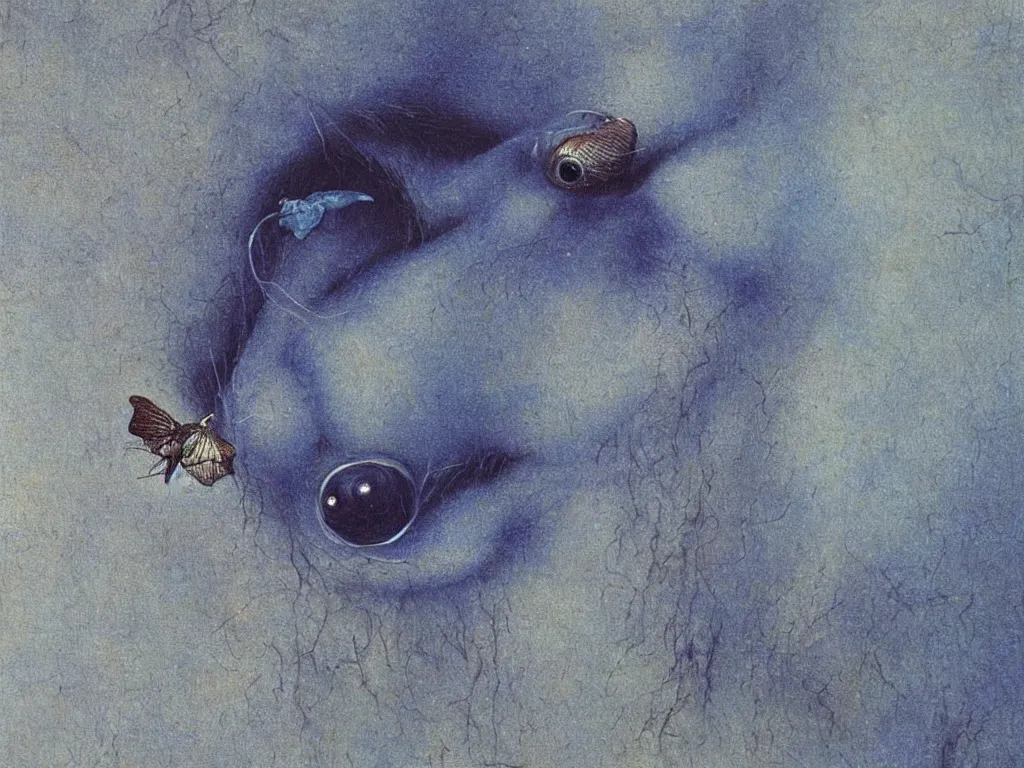 Image similar to Close up of the face of a blue strange puffy moth. Painting by Beksinski, Barlowe, Walton Ford