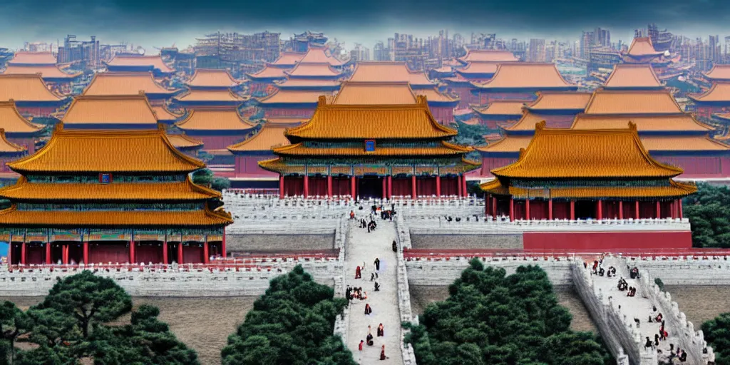 Prompt: a very high resolution image from a new movie, forbidden city and chinese tower in front of the towering skyscrapers, cyberpunk building, fantasy, wideshot, photorealistic, photography, directed by wes anderson