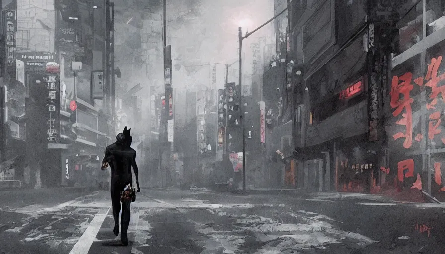 Prompt: black cat walking in dusty empty tokyo streets, heat wave, dirty ground, hyperdetailed, artstation, cgsociety, 8 k