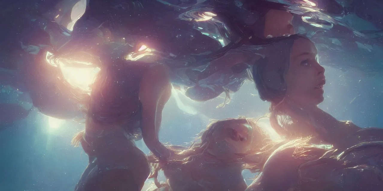 Image similar to dream zoe kravitz astronaut, underwater in the ocean at night, atmospheric, volumetric lighting, glowing lights, 4k, octane, digital painting, artstation, concept art, sharp focus, illustration, art by artgerm and greg rutkowski and alphonse mucha