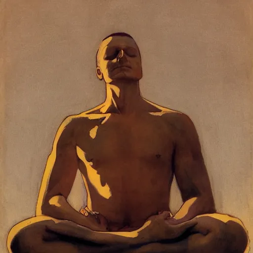 Prompt: man in meditating pose, NYC view, leyendecker style