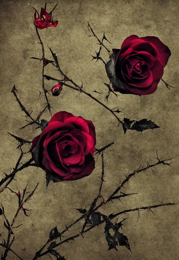 Prompt: a beautiful black rose with blood - stained thorns