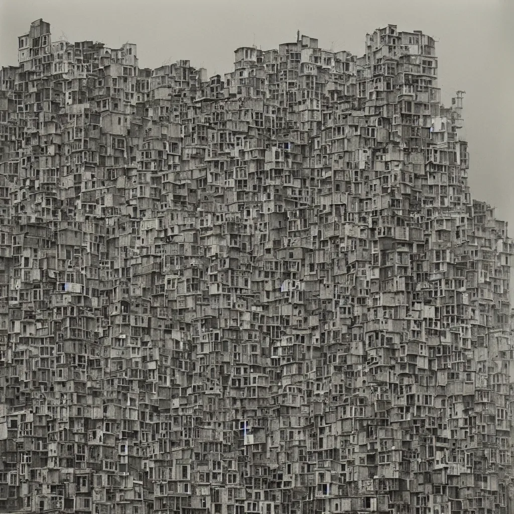 Image similar to towers made up of densely stacked makeshift squatter shacks with faded colours suspended over a quagmire, plain uniform sky at the back, misty, mamiya, ultra sharp, very detailed, photographed by man ray