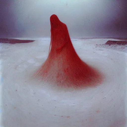 Image similar to a surrealist painting of a lonely woman with white skin and red hair standing over pile of bodies in post apocalyptic snowy landscape, painted by beksinski