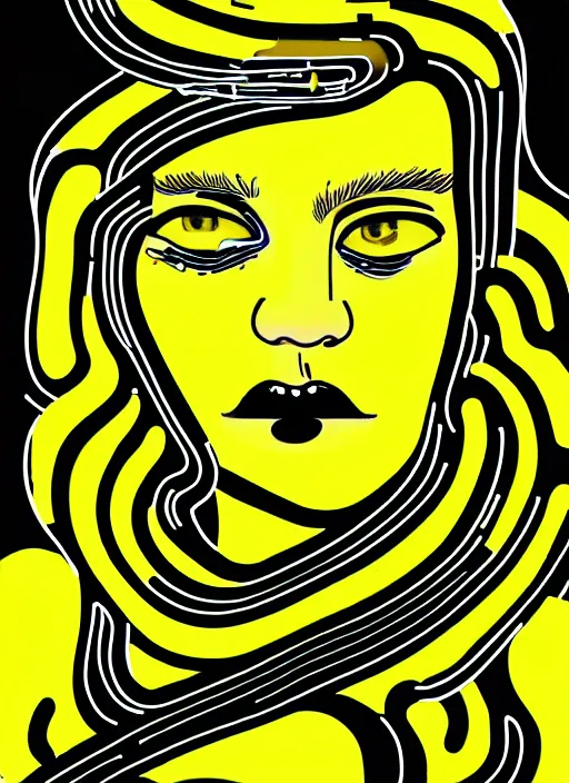 Image similar to highly detailed closeup portrait of wasteland wavy glowing yellow and white plasma hair cute happy tribal young lady, stray electric spark wiring by jean jullien, 4 k resolution, gradient yellow, black and white color scheme!!! ( ( dystopian city background ) )