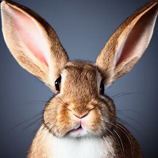 Prompt: rare classified photo, portrait, studio lighting, a rabbit with bat ear smiling