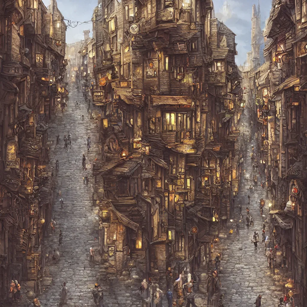 Image similar to a busy fantasy street looking down one street within a fascinating old city, quirky shops, narrow streets, old buildings, cobblestones on the ground, stone steps, street life, by Sylvain Sarrailh, single street, cinematic, simple but effective composition, clean lines, beautiful digital painting, oil painting, detailed, dungeons and dragons, lord of the rings