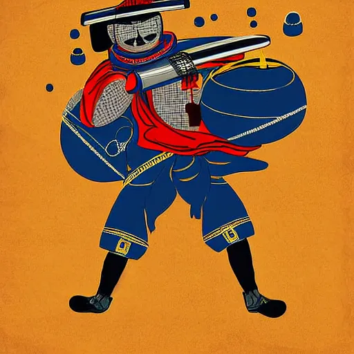 Prompt: Hovering samurai holding a bowling ball in space, bowling pins hovering around him, digital art