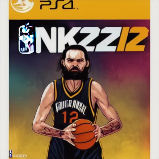 Image similar to nba 2 k video game cover art depicting charles manson dunking a basketball