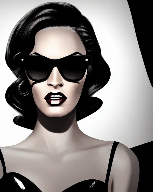 Prompt: closeup portrait of film noir angry megan fox with long windblown hair in a black party dress wearing ray ban sunglasses, glamour pose, detailed illustration, digital art, trending on artstation, arney freytag, graffiti, gta 5,