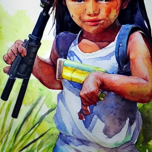 Image similar to hyper realistic tribal girl holding a rocket launcher, watercolor, cinematic