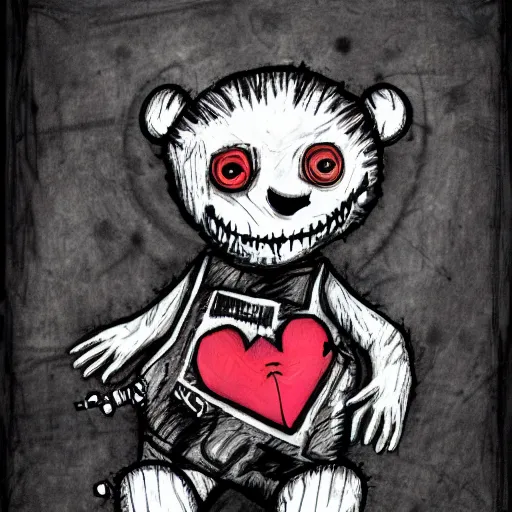 Image similar to dark art cartoon grunge drawing of a teddy bear with a duct taped mouth playing with with toys with bloody eyes by tim burton - loony toons style, horror theme, detailed, elegant, intricate, trending on art station