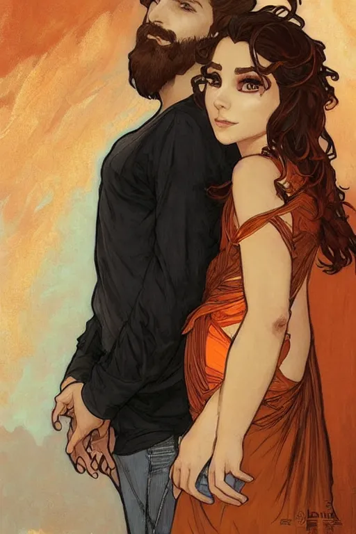 Image similar to bearded young man in orange t - shirt fastens beautiful black dress of his spouse before going to exquisite gala art by artgerm and greg rutkowski and charlie bowater and magali villeneuve and alphonse mucha