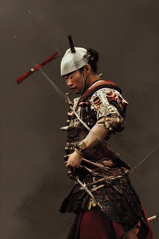 Prompt: Japanese samurai archer, portrait, fierce, intricate, elegant, volumetric lighting, scenery, digital painting, highly detailed, artstation, sharp focus, illustration, concept art, ruan jia, steve mccurry