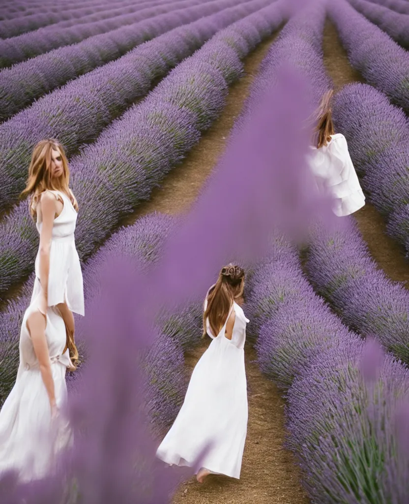 Prompt: dream A portrait of a French woman, mid-20s, wearing a white flowing dress, in a lavender field in France, 85mm, 1.2, Kodak Portra, trending on Instagram