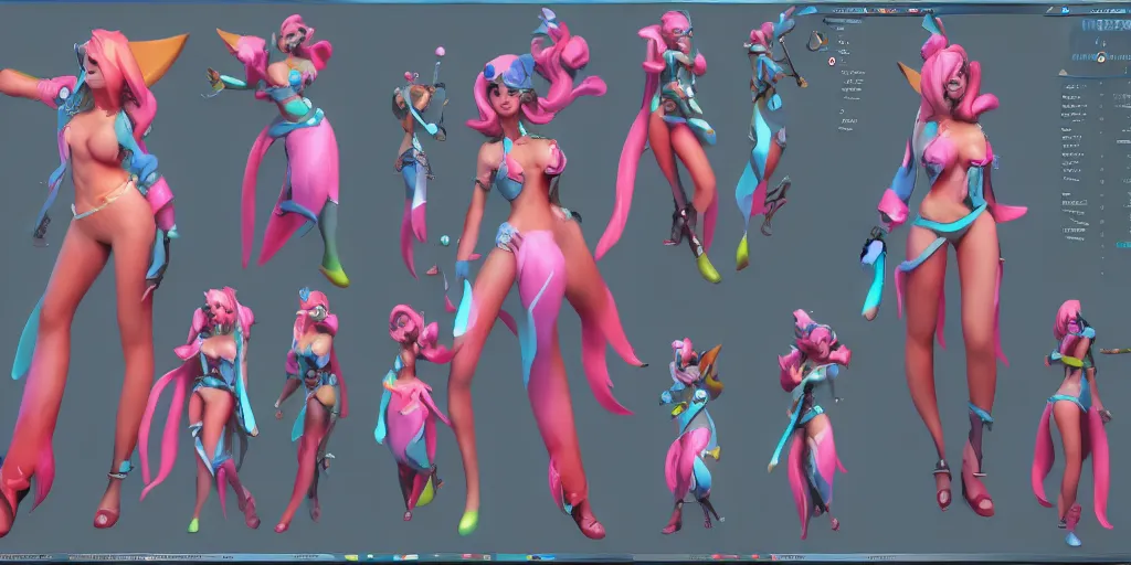 Image similar to Character sheet of pool party sona (League of Legends). 3d unreal engine 5 trending on artstation