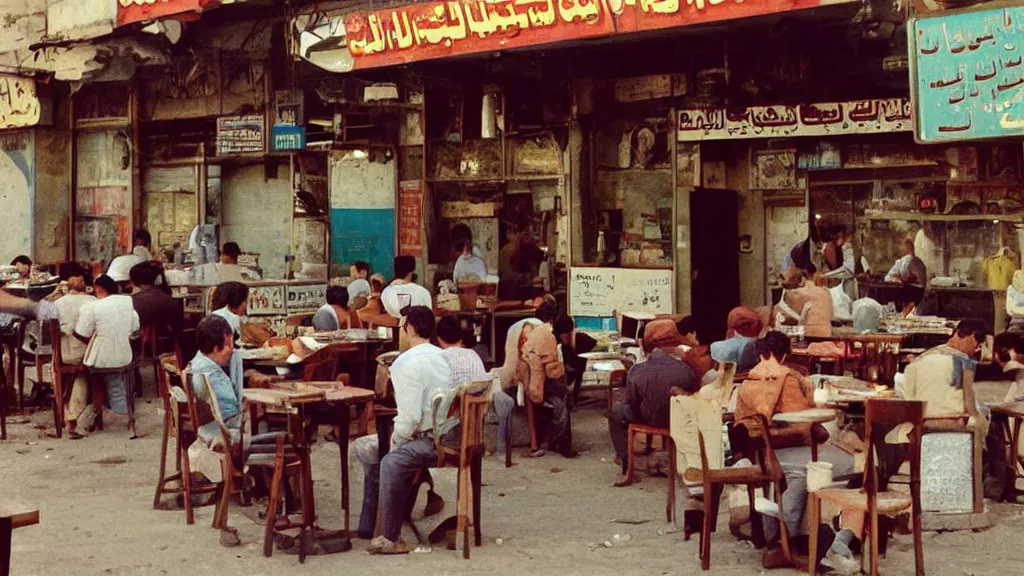 Image similar to colour photograph of a cafe in central baghdad in the 1 9 6 0 s + fujifilm