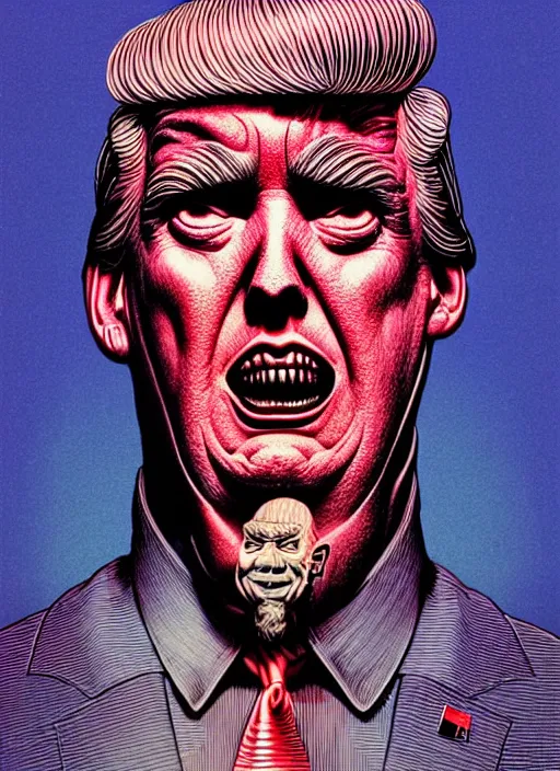 Image similar to risograph of donald trump's grotesque true form revealed, horror, high details, intricate details, by vincent di fate, artgerm julie bell beeple, 1 9 8 0 s, inking, vintage 8 0 s print, screen print