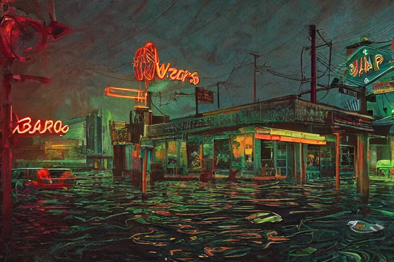 Image similar to scene from louisiana swamps, bar, neon cross, voodoo, 8 k, hyper detailed, artwork by tim eitel