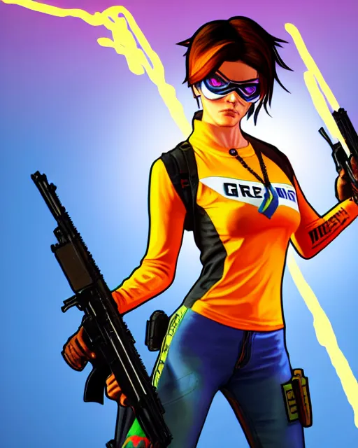 Prompt: gta 5, grand theft auto 5 cover art of tracer from overwatch