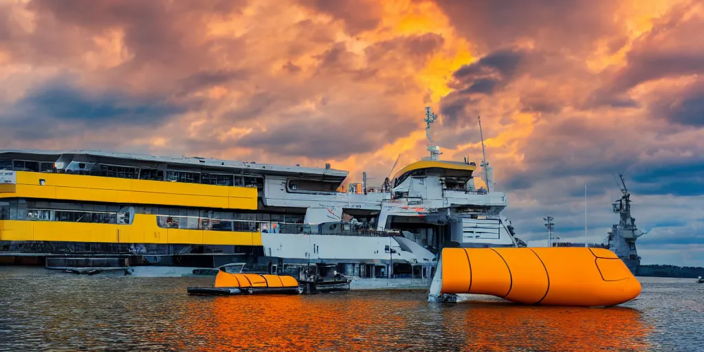 Image similar to futuristic barge ship, yellow - orange color, wide - angle lens, dramatic lighting, cool marketing photo